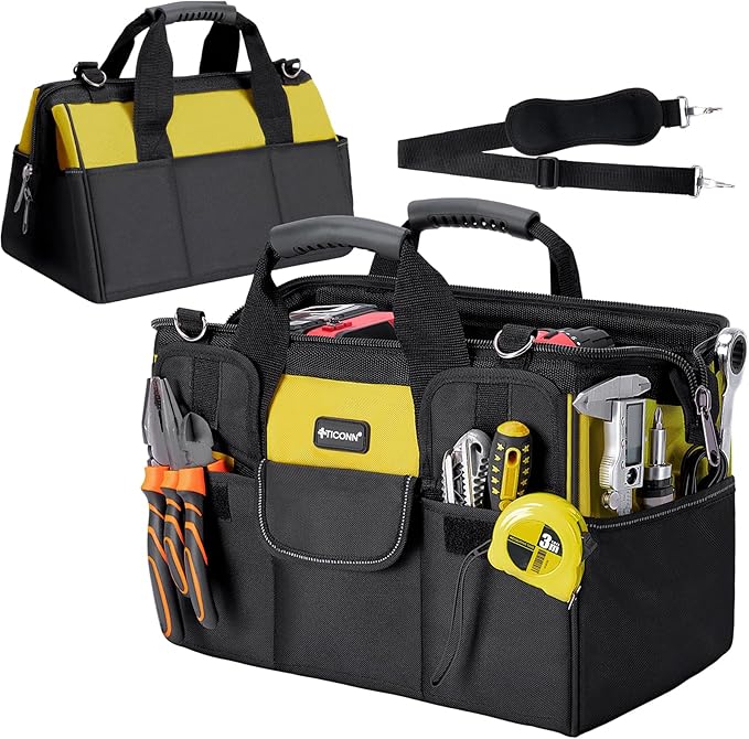 TICONN Tool Bag with Multi-Pockets Wide Mouth Tool Tote with Safety Reflective Straps, Adjustable Shoulder Strap and Ergonomic Handle (Yellow, 16" Standard Base)