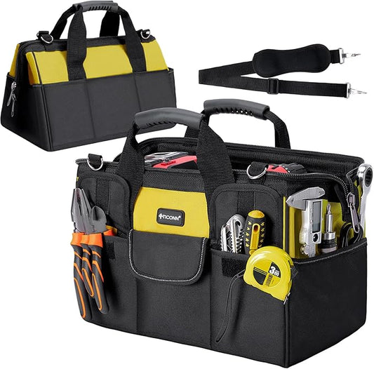 TICONN Tool Bag with Multi-Pockets Wide Mouth Tool Tote with Safety Reflective Straps, Adjustable Shoulder Strap and Ergonomic Handle (Yellow, 16" Standard Base)