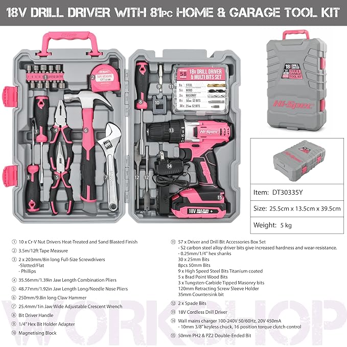 Hi-Spec 81pc Pink 18V Cordless Power Drill Driver.Complete Home & Garage Hand Tool Kit Set for DIY