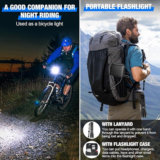 LED Flashlights High Lumens Rechargeable, Super Bright Powerful Flashlight, Type-C, 5 Modes, Zoomable, IPX5 Waterproof High Powered Tactical Flash Light for Emergency Camping Hiking