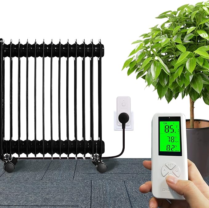 Wireless Temperature Controlled Outlet, Digital Plug in Thermostat Outlet with Remote Control Built in Temp Sensor Heating & Cooling for A/C, Fans, Heaters (Remote Control Detect Temperature)