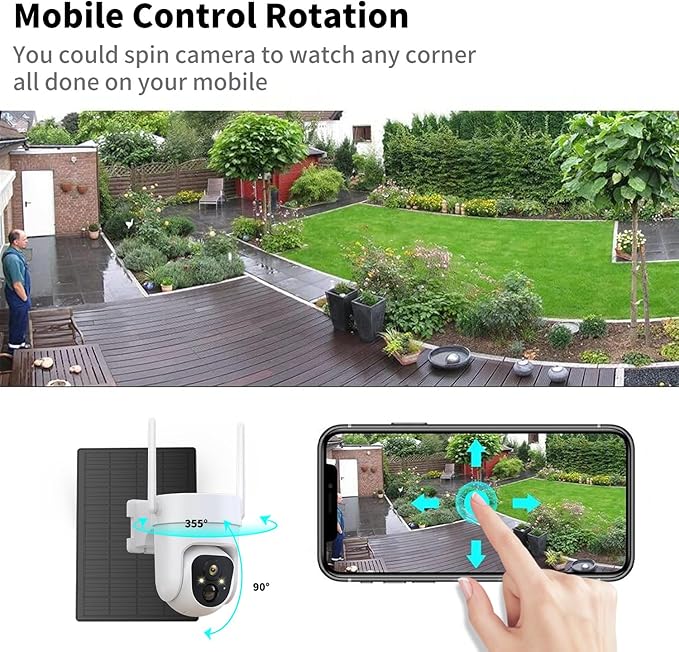 2K PTZ Solar WiFi Security Camera with AI Motion, Color Night Vision, 360 View, Waterproof, Alarm - Rechargeable Battery