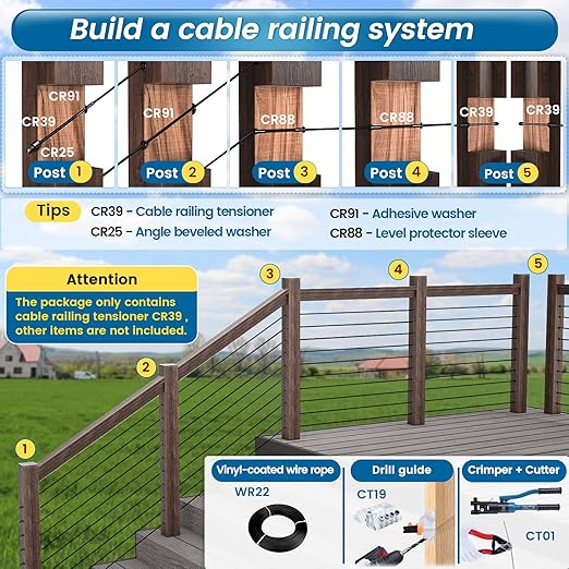 Muzata 20 Pack 1/8" Black Cable Railing Hardware Kit Hand Swage Threaded Stud Tensioner for 4x4 2x2 Wood Metal Post T316 Stainless Steel Deck Cable Railing System CR39
