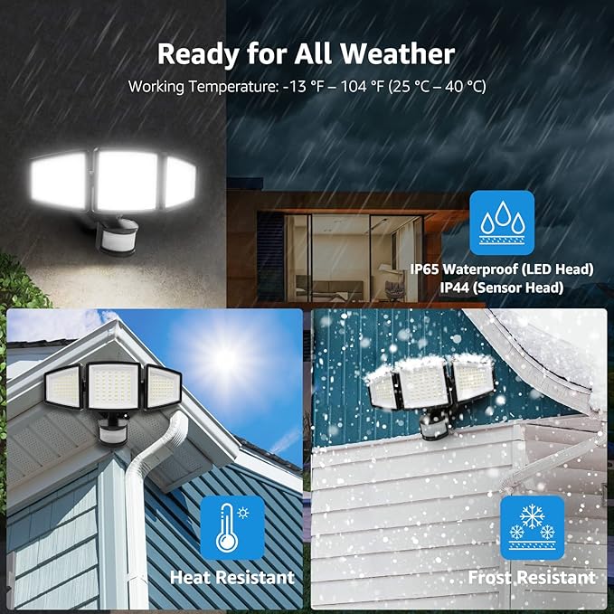 Lepro LED Security Lights, Outdoor Motion Sensor Light, Flood Lights with 3 Adjustable Heads, 270° Wide Lighting Angle, 27W 3200LM Super Bright, IP65 Waterproof for Yard Porch Garage, Black