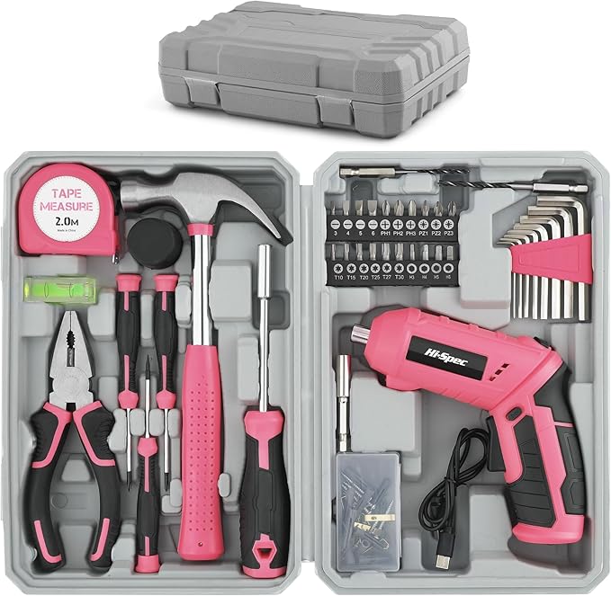 Hi-Spec 42pc Pink 4V USB Electric Power Driver & Household Tool Kit. Cordless Power Screwdriver and Hand Tools in a Compact Box Case
