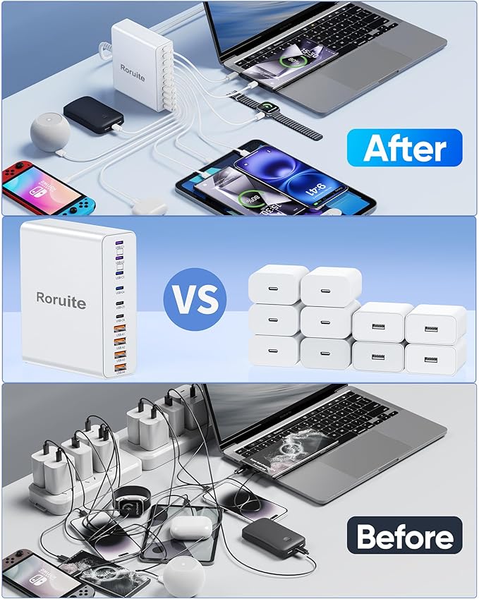 460W USB C Charger Block, 10-Port USB Charging Station GaN III PD Charger Type C & USB A, Dual 65W PC Laptop Fast Adapter for MacBook Pro/Air, iPhone, iPad, DELL, Samsung Galaxy, Android - White