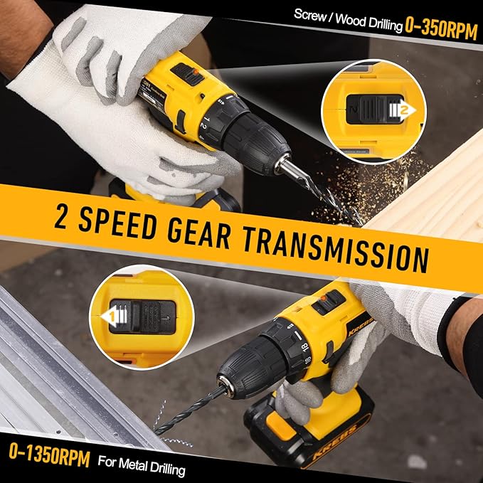 KREBS 20V Cordless Drill Electric Power Drill Set 3/8” Keyless Chuck 265 in-lbs Torque 18+1 Position Drill Driver Kit LED Light 88pcs Accessories for Furniture Assembly, DIY Project, Home Improvement.