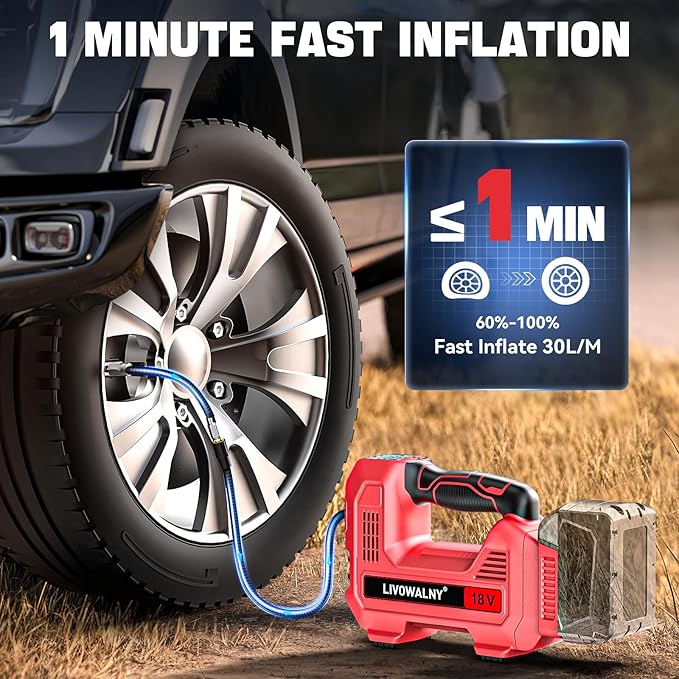 Cordless Tire Inflator Air Compressor Compatible With Milwaukee 18V Battery, LIVOWALNY Portable Handheld Air Pump with Digital Pressure Gauge for Cars Motorcycles Bikes Sport Balls (No Battery)