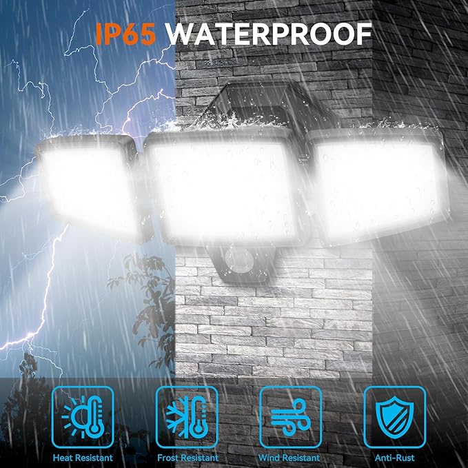 LED Security Lights Motion Sensor Outdoor Lights, 5000K Daylight, IP65 Waterproof, Dusk to Dawn, 3-Head Motion Detected Flood Light for Garage, Yard, Porch