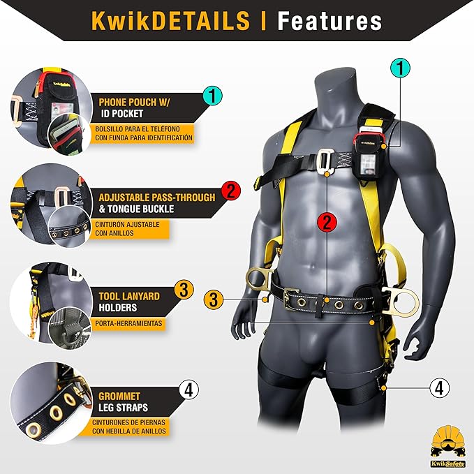 KwikSafety - TYPHOON Safety Harness [3 D-RINGS + BACK SUPPORT] Safety Harness Fall Protection Kit, 2025 ANSI Compliant