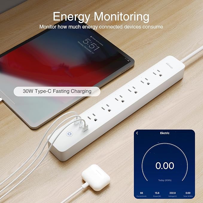 GHome Smart Plug Power Strip, 3 USB (30W Fast Charging) and 6 Individually Controlled Outlets, WiFi Surge Protector Works with Alexa & Google Home, Energy Monitor, 7.18 ft Mountable Flat Plug, 2A1C