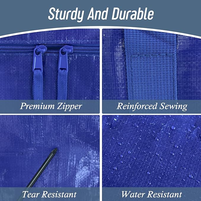 6 Pack Extra Heavy Duty Large Moving Bags with Strong Zipper & Comfortable Handles, Sturdy & Durable Clothes Storage Bags Totes Bins, Packing Moving Boxes for College Supplies, Blue