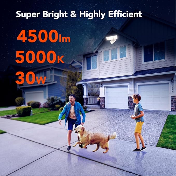 OREiN 4500LM/30W Flood Lights Outdoor, 180°/40FT Motion Sensor Outdoor Lights 3 Modes Dusk to Dawn IP65 Waterproof LED Security Light for 4500SQ.FT Area for Yard Garden, White (Hardwired)