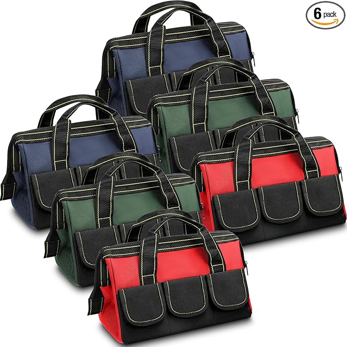 Silkfly 6 Pcs Tool Bag for Men Women Heavy Duty Tool Tote with Waterproof Hard Bottom Multi Pockets Large Mouth Organizer for Various Worker Electrician Carpenter Mechanic (16 Inch,Blue Green Red)