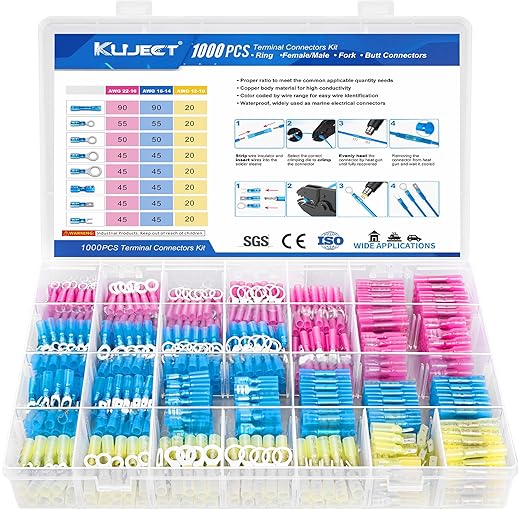 Kuject 1000PCS Heat Shrink Wire Connectors Kit, Electrical Waterproof Crimp Butt Terminals, Insulated Spade Connectors for Automotive Marine Boat Truck, Include Rings Forks Spade Butt Splices