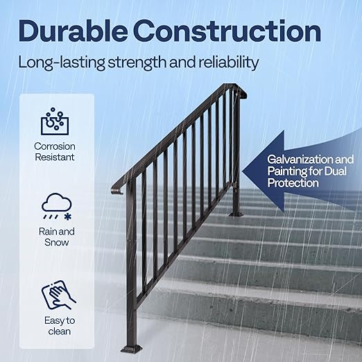 VIVOHOME 2-Pack 6 Step Galvanized Steel Hand Rails for Outdoor Steps – Curved Ends and Safety Balusters Exterior Railing for Porch, Deck, or Indoor Stairs, Complete Installation Kit