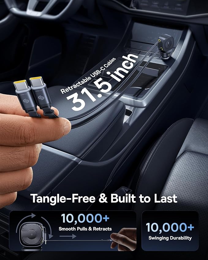 Baseus 163W Retractable Car Charger USB C Fast Charging, PrimeTrip VR2 Max 4 in 1 Fast Car Charger with Dual Retractable USB C Cable for iPhone 16 15 14 Pro Max, Samsung Galaxy S25 Ultra, Android