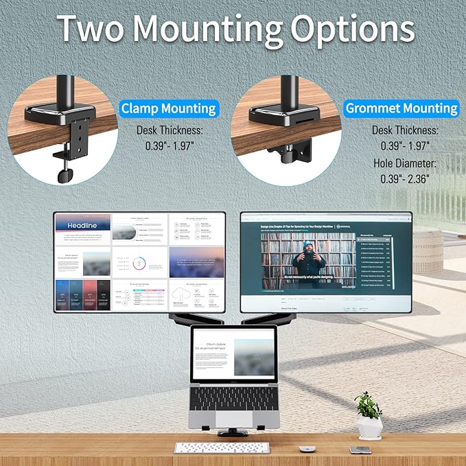 MOUNTUP Dual Monitor and Laptop Mount, Gas Spring Monitor Stand for 2 Max 27" Computer Screens, Laptop Tray Fits 10-17inch Notebook, Holds 4.4-17.6lbs Per Arm, 3-in-1 Adjustable Monitor Desk Mount
