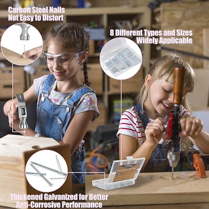 KURUI 700PCs Small Nails for Hanging Pictures & 8oz Small Hammer for Women, Pink Tool for Hanging Canvas Wall Art/Tapestry/Frame, Hardware Nails Assortment Kit for Living Room/Bedroom/Outdoor Decor