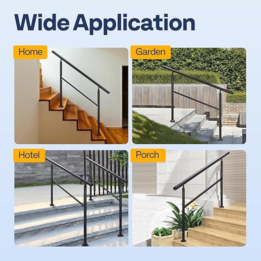 VIVOHOME 2-Pack 4 Step Hand Rails for Outdoor Steps, Galvanized Steel Railing, Black Round Exterior Handrails for Porch, Deck, or Indoor Stairs, Complete Installation Kit