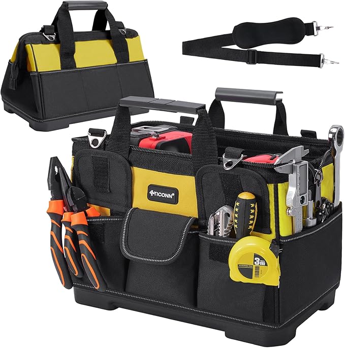 TICONN Heavy Duty Tool Bag with Multi-Pockets, Portable Tool Box Organizer Storage Bag, with Adjustable Shoulder Strap and Ergonomic Handle (Yellow, 14" Molded Base)