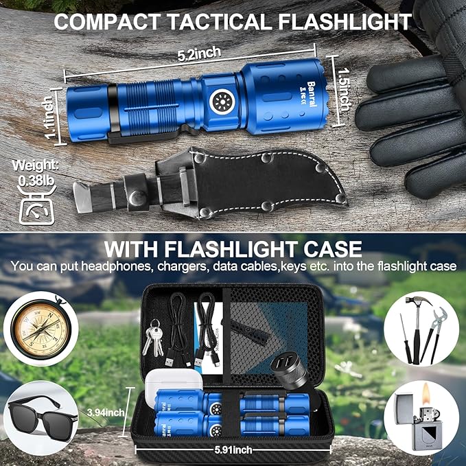 Flashlights High Lumens Rechargeable, Super Bright Long Range Small Powerful Flashlight, 6 Modes LED Tactical Pocket Waterproof Flash Light for Home Emergency (2, Blue)