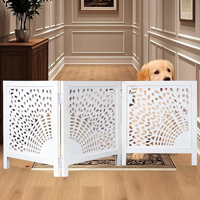 Wooden Dog Gate 20" Wide x3 Panels,White Wash Color, Total 60 inch Wide, Foldable Free Standing Dog Gate Indoor,Dcorative Gates Doorways, 3 Panels Pet Gate Extra 24" Height Bedding Craft
