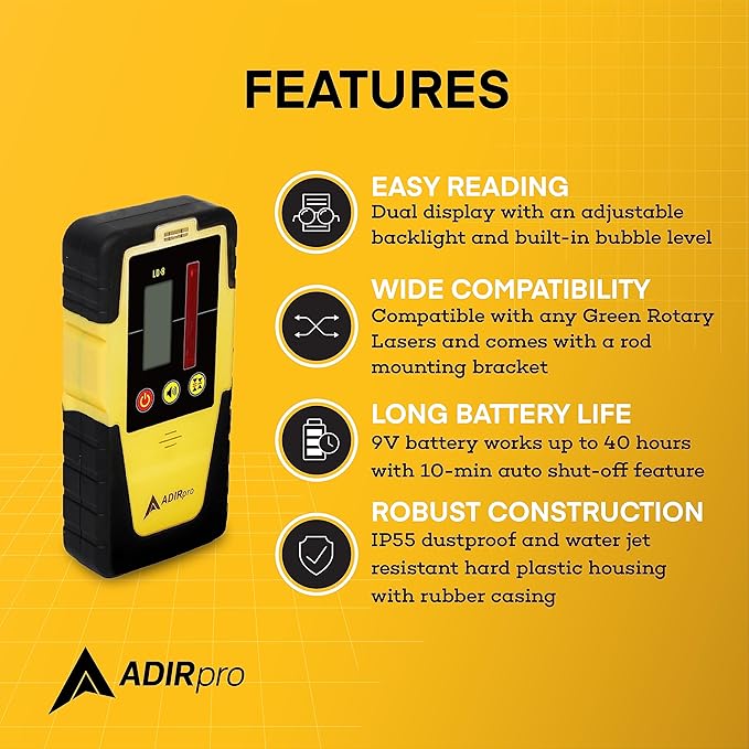 AdirPro Universal Rotary Laser Detector (LD-8) - Digital Rotary Laser Receiver with Dual Display and Built-In Bubble Level, Compatible with Most Red Rotary Lasers - Rod Clamp Included