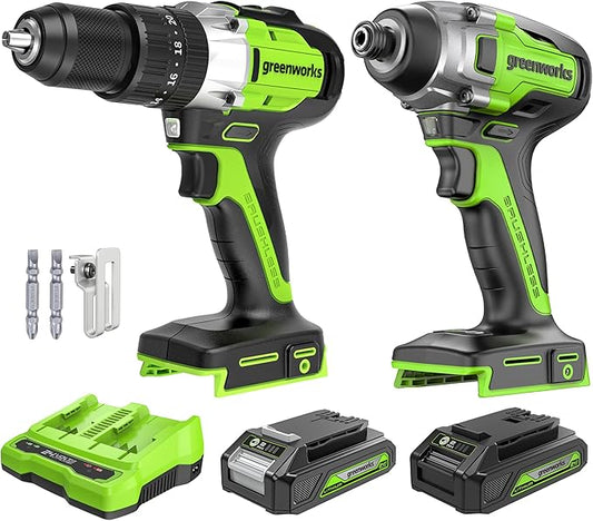 Greenworks 24V Brushless 2 pcs Cordless Power Tool Combo Kit, 2650 in-lbs Impact Driver and 530 in-lbs Hammer Drill, with 2 x 2Ah Batteries and 2 chargers