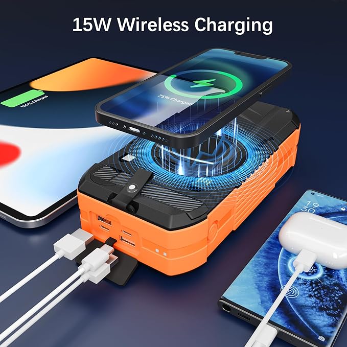 Solar Charger Wireless Power Bank 73200mAh Built in 2 Cables and Hand Crank, Portable Charger 22.5W Fast Charger 6 Outputs & 4 Inputs External Battery Pack with Bright Flashlight and Compass