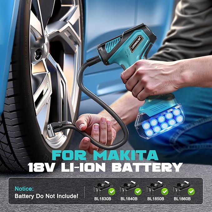 Tire Inflator Portable Air Compressor Compatible With Makita 18V Battery, LIVOWALNY 150PSI Air Pump, Cordless Tire Pump Digital Pressure Gauge, Tire Inflator for Car, Bike, Motorcycle (No Battery)