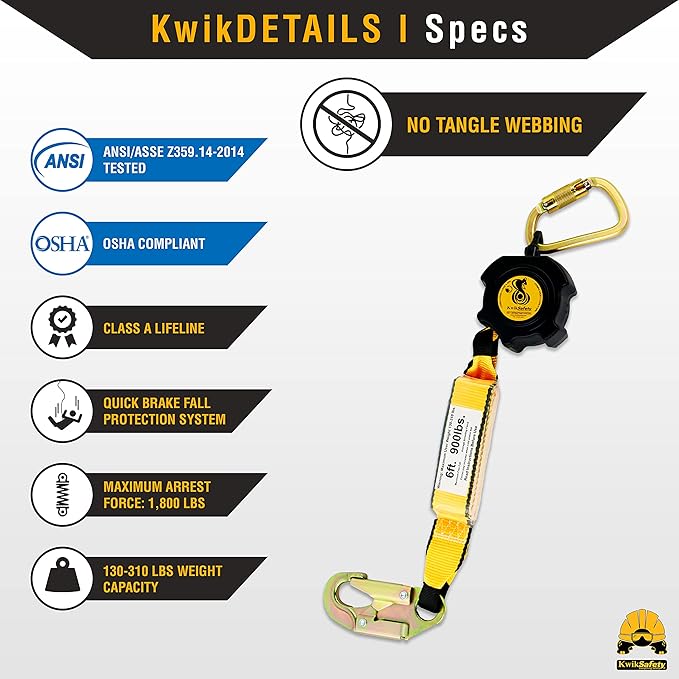 KwikSafety - 6' Cobra Web Self-Retracting Lifeline [NO Tangle Web] Class 1 Retractable Safety Lanyard SRL ANSI OSHA Fall Gear