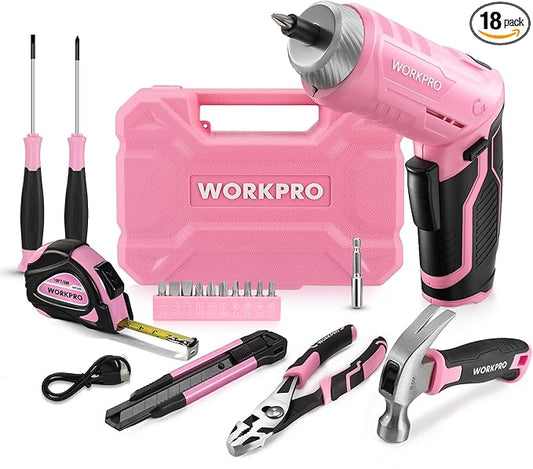 WORKPRO Pink Tool Set with 3.7V Rotatable Electric Screwdriver, 18PCS Portable Ladies Home Tool Kit with Toolbox, Cordless Electric Screwdriver Kit, Household tool kit for Dorm, Apartment -Pink Ribbon