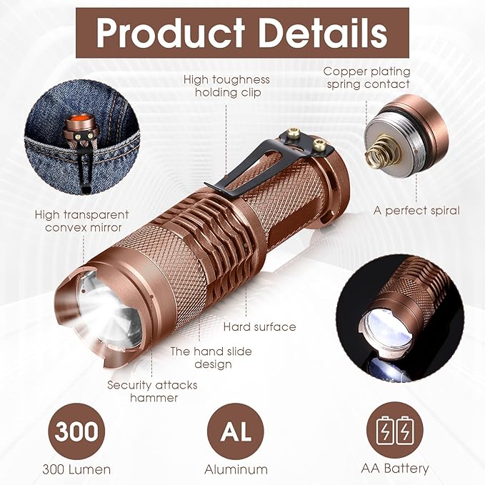Fumete 20 Pieces LED Flashlight Mini 3 Mode Tactical Torch Small Water Resistant Pocket Flash Light Adjustable Focus Light Pen for Men, Father, Indoor Outdoor Hiking(Brown)