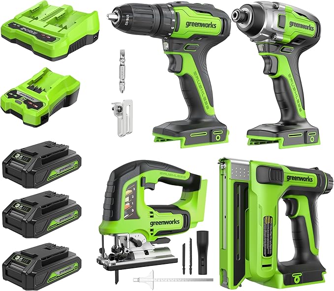 Greenworks 24V Brushless 4 pcs Cordless Power Tool Combo Kit, Include Drill, Impact Driver, Jigsaw, Staple Gun, 3 x 2Ah Batteries and 2 Chargers