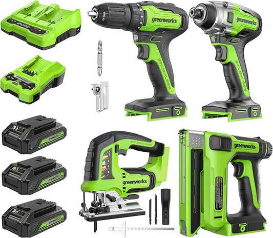 Greenworks 24V Brushless 4 pcs Cordless Power Tool Combo Kit, Include Drill, Impact Driver, Jigsaw, Staple Gun, 3 x 2Ah Batteries and 2 Chargers