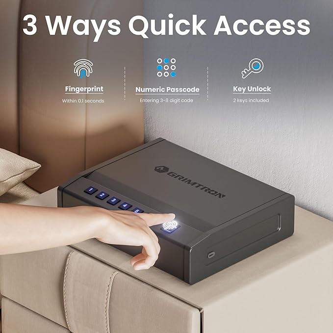 Biometric Gun Safe for Handgun – Quick Access Pistol Safe with 100 Fingerprints, Backlit Keypad & Backup Keys – Gun Lock Box for Nightstand, Bedside, Car, Truck & Vehicle Use