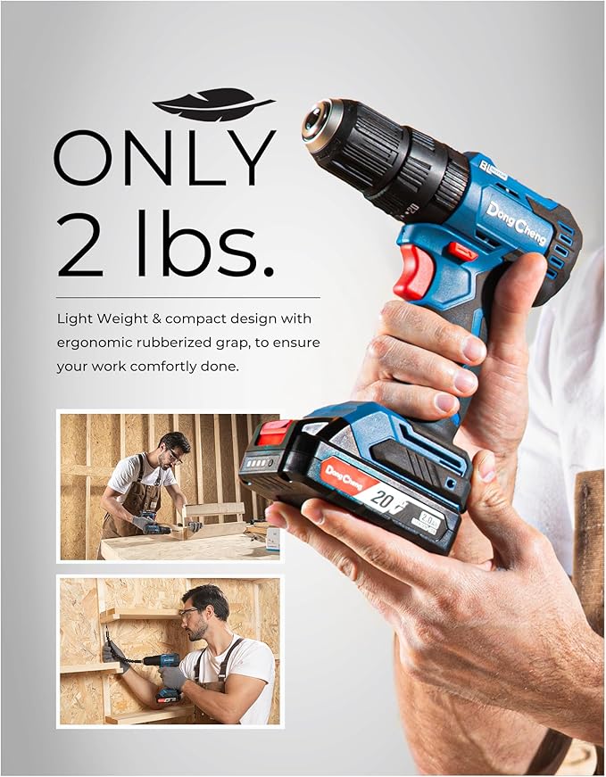 Dong Cheng 20V Brushless Heavy-duty Impact Drill, 443 in-lbs, 27000 IPM, 1/2" Keyless Metal Chuck, 20+1+1 Clutch, Cordless Hammer Drill with 2 Battery Kit for Drilling Brick Wall, Metal, Wood