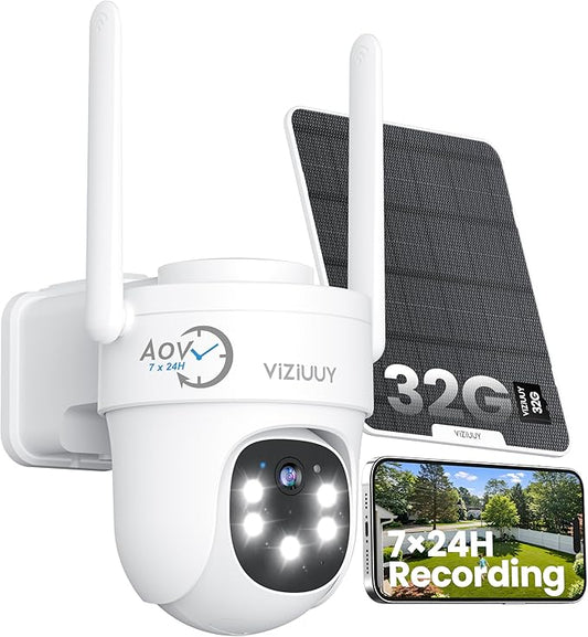 AOV Security Camera, 24H Continuous Recording Security Cameras Wireless Outdoor, WiFi 6, 2K Solar-Powered Cameras for Home Security with 360° PTZ, Auto Tracking, 32G Local Storage(Included)