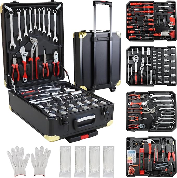 899pcs Home Repair Tool Set Kit for Men, Toolbox Storage Case with 4 Drawers, General Household Tool Kit with Rolling Tool Box, Tool Set Kit for Maintenance, Garden, Homeowner, Handyman -Black