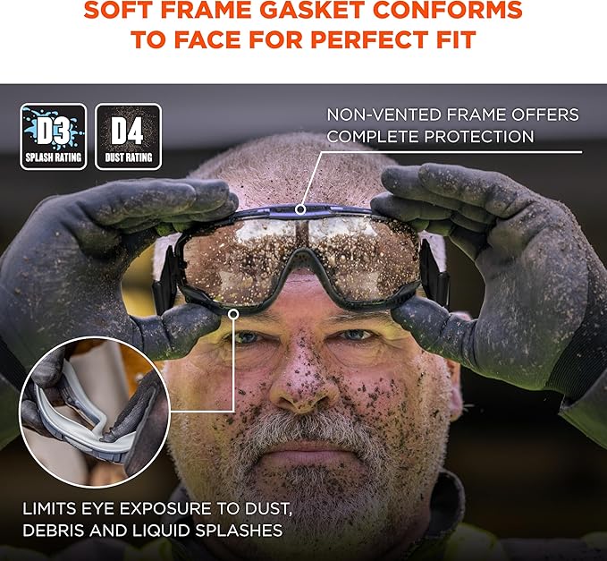 Ergodyne Skullerz Arkyn Protective Dust Safety Goggle, Non-Vented, Anti Fog, Scratch Resistant, Adjustable Elastic Strap