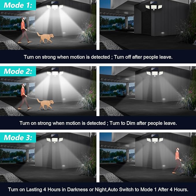Tuffenough Solar Outdoor Lights 2500LM 210 LED Security Lights with Remote Control,3 Heads Motion Sensor Lights, IP65 Waterproof,270° Wide Angle Flood Wall Lights with 3 Modes (1 Pack)