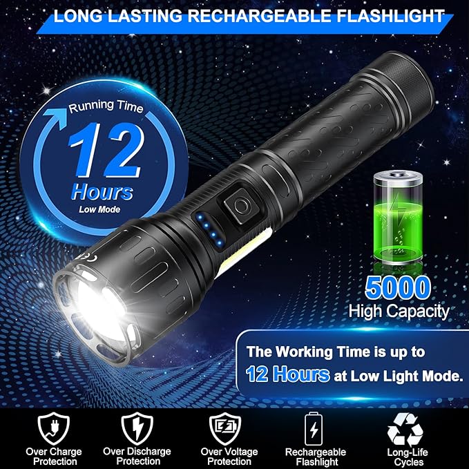 Rechargeable Magnetic Flashlights High Lumens, Super Bright LED Powerful Flashlight 8 Modes with COB Work Light, Waterproof Handheld Flash Light for Camping (2 Pack with Paper Box, Black)