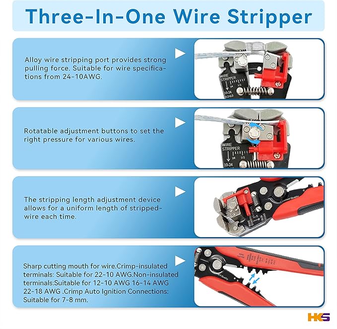 HKS Ratcheting Crimping Tool Set 12 PCS with Wire Stripper & Changeable Jaws for Dupont JST MOLEX - Open Barrel Terminals, Insulated & Non-Insulated Ferrules, Butt Connectors, Solar & Coax Connectors