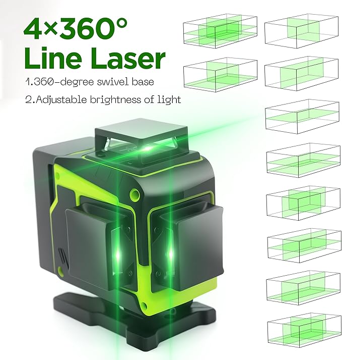 Laser Level 360 Self Leveling Kit, 4D 4x360° Green Cross Line Vertical and Horizontal Line Lazer Leveler, Laser Level Tool for Picture Hanging Construction, Batteries, Magnetic Stand, Carrying Bag