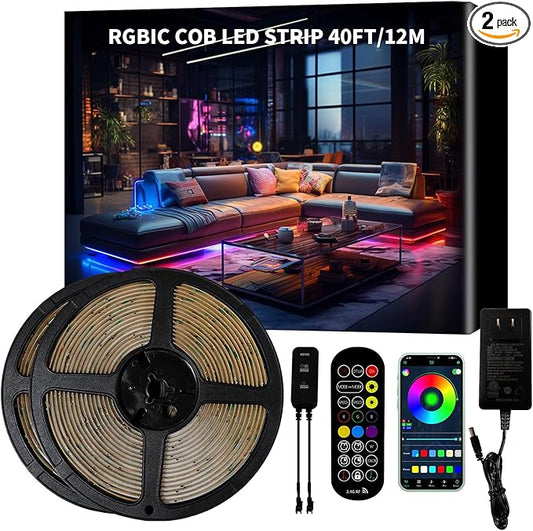 40ft COB RGB+IC LED Strip Lights, Bright Dream Color COB LED Light Strip with RF Remote App Control Music Sync Color Changing for Game Room Bedroom Kitchen Lighting Home Decor（2 Rolls）