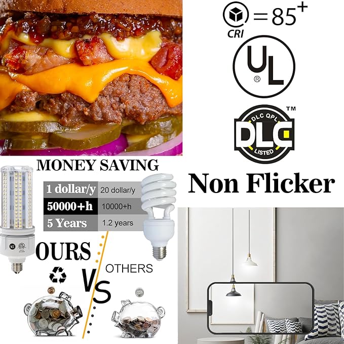 NS LED Corn Light Bulbs, 60W 7530 Lumens, 6000K Cool White, E26 Base, 2-Pack