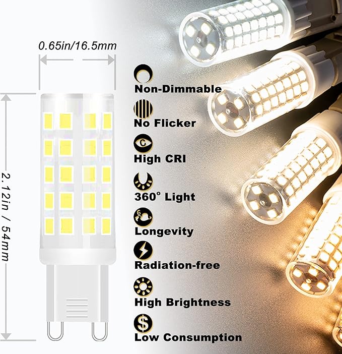 ALIDE G9 Led Bulbs 5W 6000K Daylight Cool Bright White,50W-60W Halogen Equivalent, AC120V T4 G9 Bi-pin Led Bulbs for Chandelier Pendant Lighting,550LM,10Pack, Non-Dimmable