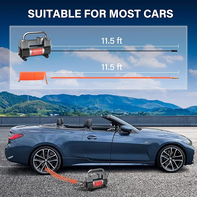 GSPSCN Tire Inflator Heavy Duty Double Cylinders, Portable Metal DC 12V Air Compressor - Car Accessories, 150PSI Tire Pump with Adapter for Car, Truck, SUV Tires, Dinghy, Air Bed etc (Titanium)