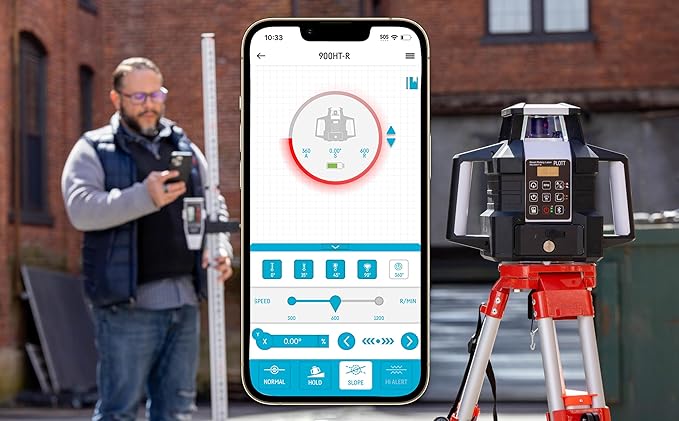 Plott PRL900HT-RK Dual Slope Rotary Laser Level, 2000ft Range, Red Beam, Bluetooth App Control, Self-Leveling 6°, 20hr Battery Life